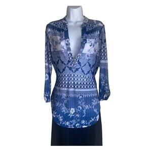 Per Seption Women's Large Blue White Sheer Long Sleeve Spring Floral Blouse Top